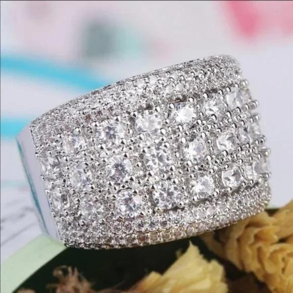 NEW SILVER ROUND PAVE WIDE BAND RING, BEAUTIFUL RING, SHINY RING - Picture 7 of 8